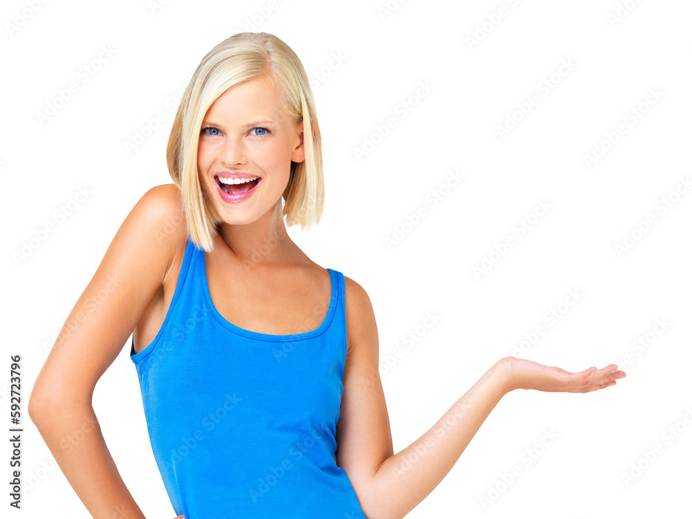 Portrait, smile and woman with palm space isolated on a transparent png background. Product placement, branding and happy person with hand for presentation or promotion, advertising and marketing. Portrait, smile and woman with palm space isolated on a transparent png background. Product placement, branding and happy person with hand for presentation or promotion, advertising and marketing.