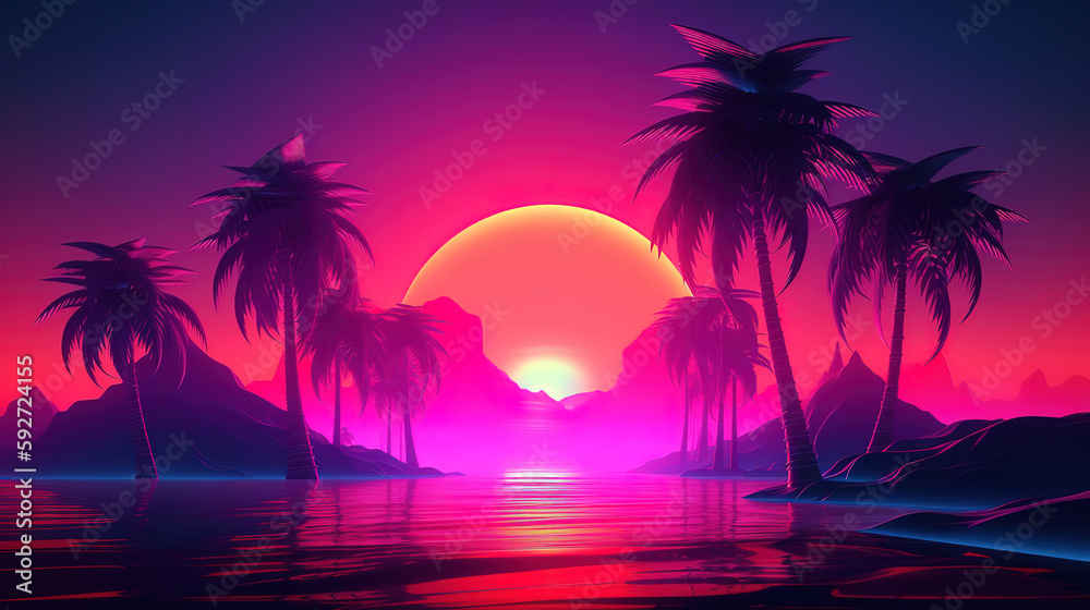 3d tropical sunset with island and palm trees. Ocean and neon sun in synthwave. Generative Ai