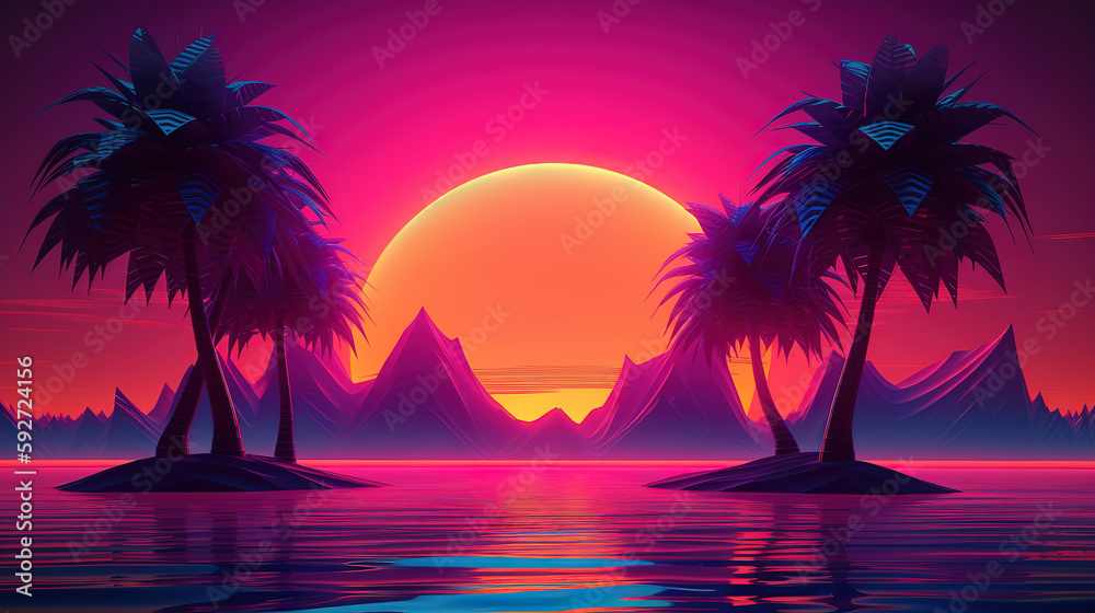 3d tropical sunset with island and palm trees. Ocean and neon sun in synthwave. Generative Ai