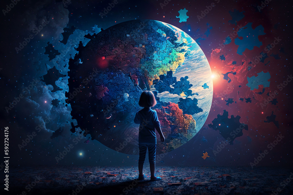 World Autism Awareness Day. A little girl stands in front of a globe and sees the world in his own way. The concept of child autism. Generative AI