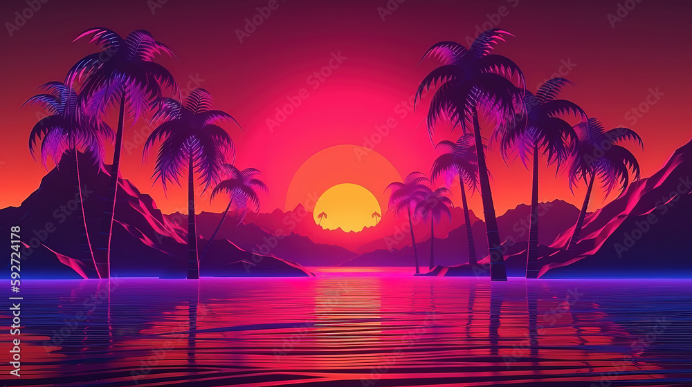 Colorful palm silhouettes wallpaper. Generative Ai