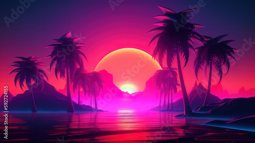 3d tropical sunset with island and palm trees. Ocean and neon sun in synthwave. Generative Ai © MdMaruf