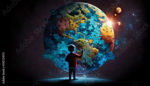World Autism Awareness Day. A little boy stands in front of a globe and sees the world in his own way. The concept of child autism. Generative AI