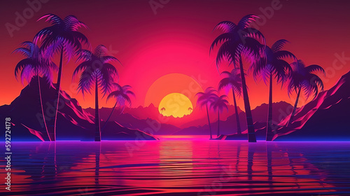 Colorful palm silhouettes wallpaper. Generative Ai