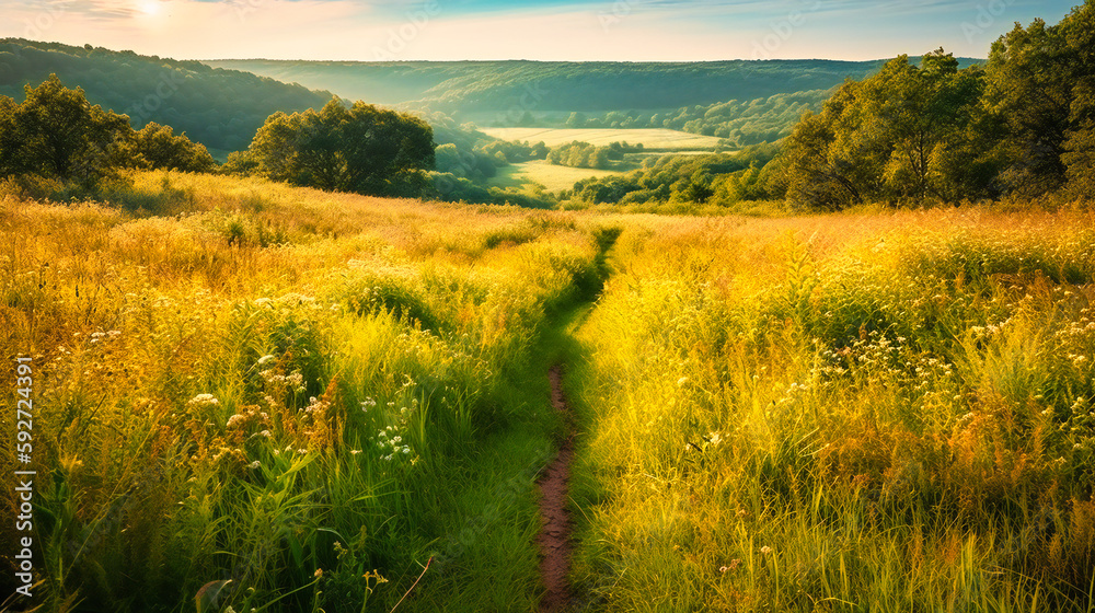 A picturesque, calming scene of a sunlit meadow and hills with a path inviting exploration