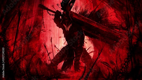A sinister black silhouette of a creepy wounded knight with inhumanly giant sword on his shoulder, he barely stand on his feet in the middle of a mountain of corpses,clean looped 2d animated art