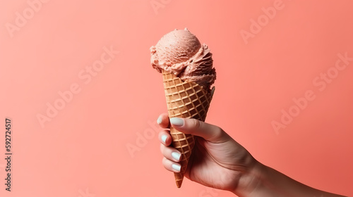 Ice cream cone in hand on minimal color background isolated. Generative Ai