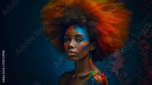 Black beauty woman with colorful afro hair. Cheerful carefree girl with bright makeup at festival. Afro hairstyle. Generative AI. 