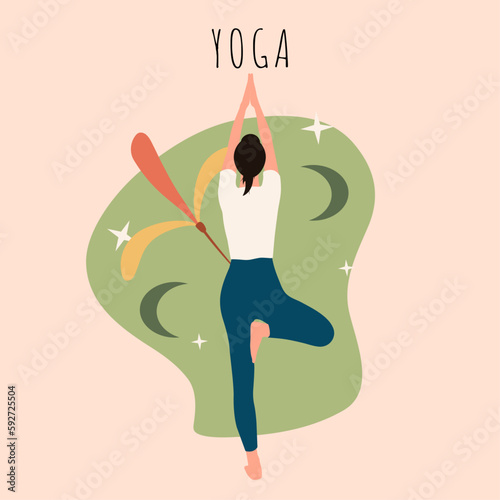 A girl with brown hair doing pilates stretching sport in white blue clothes with moons flowers leaves stars on green background for apps webs posters