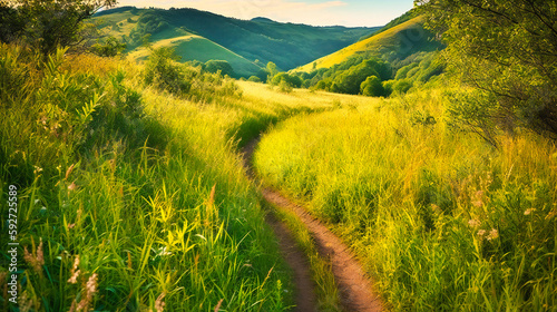 A picturesque, calming scene of a sunlit meadow and hills with a path inviting exploration