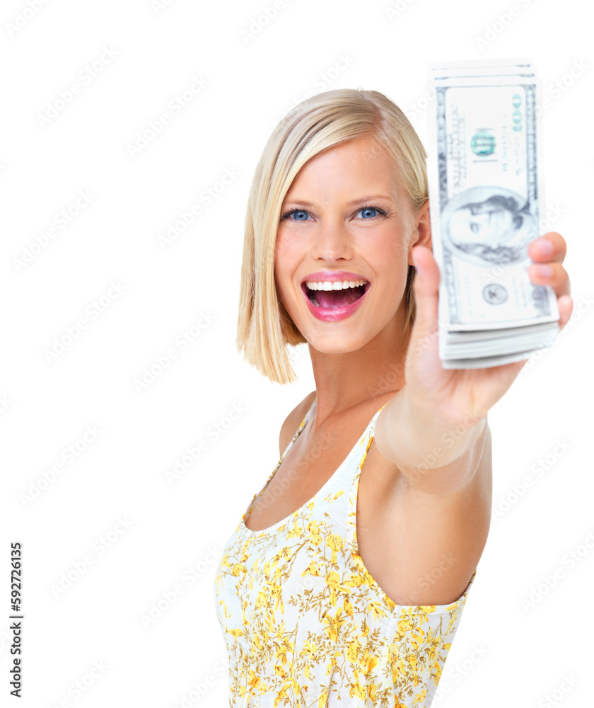 Woman, excited and money or cash portrait of winner with prize isolated on a png, transparent background. Happy female show dollars for reward, loan and lottery competition win or investment profit Woman, excited and money or cash portrait of winner with prize isolated on a png, transparent background. Happy female show dollars for reward, loan and lottery competition win or investment profit