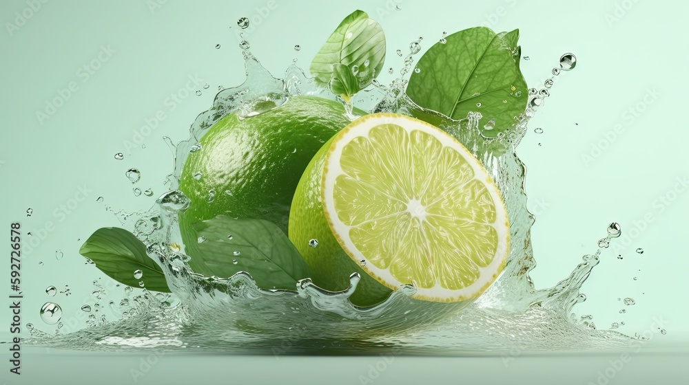 Lime fruits in water splash flow. Illustration of juicy product with lime slices. Natural fresh food. Generative AI Lime fruits in water splash flow. Illustration of juicy product with lime slices. Natural fresh food. Generative AI