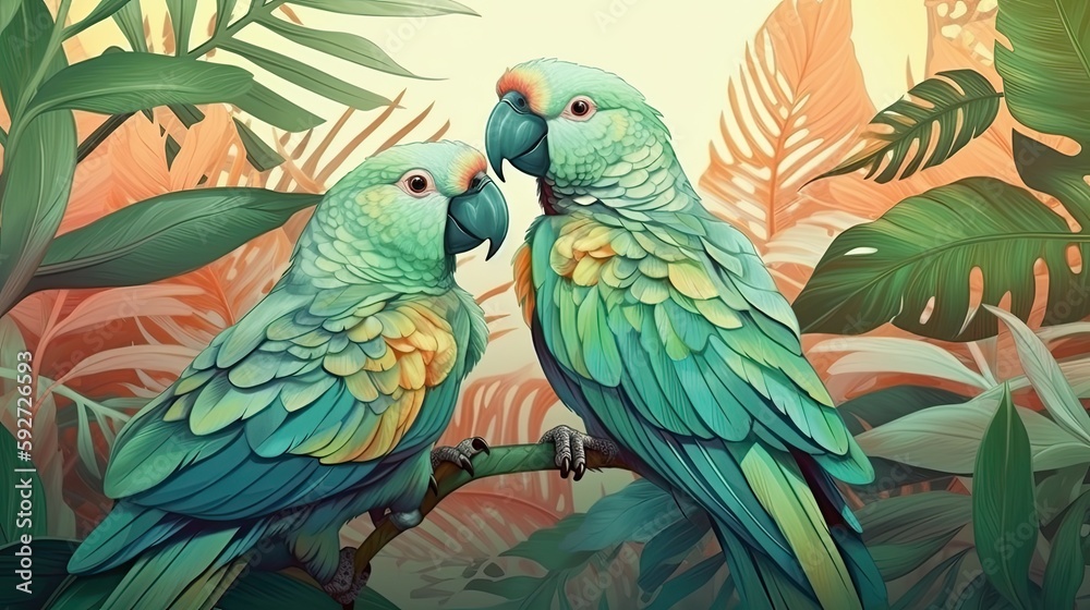 Fototapeta premium Tropical jungle leaves with exoric parrots. Illustration with couple of tropic birds. Generative AI