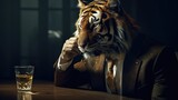 Businessman with tiger head sad at the bar. Boss animal in a suit business concept illustration. Generative AI