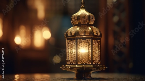 Arabic lantern of ramadan celebration background. Decorative light illustration. Generative AI