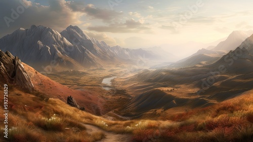 Mountain landscape illustration. Illustrated hiking field. Outdoor travel background. Generative AI