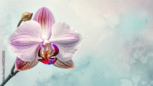 Pink orchid flower with leaves. Floral botanical illustration. Houseplant blooming background. Generative AI