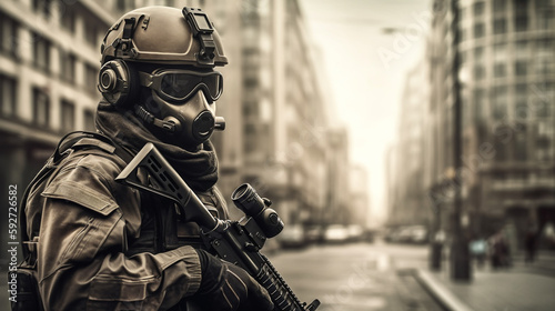 Soldier with a rifle on the background of the city buildings. Military army force. Generative AI