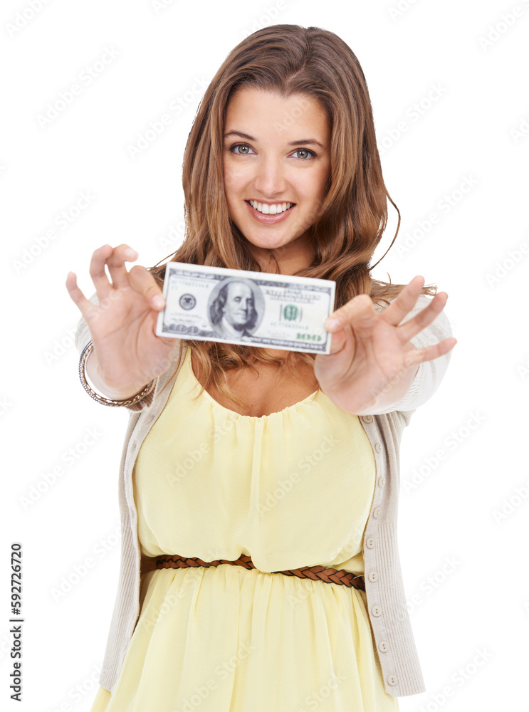 Woman with smile, cash and dollar in portrait, happy and show money isolated on transparent or png background. Finance, budget and young person with investment or reward with payment and savings Woman with smile, cash and dollar in portrait, happy and show money isolated on transparent or png background. Finance, budget and young person with investment or reward with payment and savings