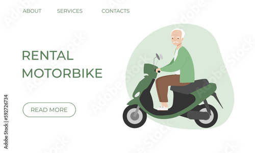 Rental motorcycle landing page. Senior man riding motorbike. Flat cartoon style