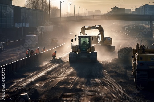 UK Highway Roadworks, Construction Teams and Heavy Machinery
