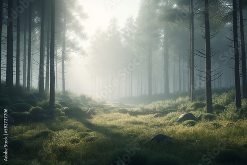 A minimalist landscape with a peaceful forest or woodland  Generative AI