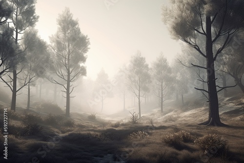 A minimalist landscape with a peaceful forest or woodland  Generative AI