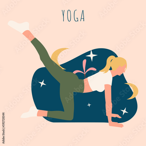 A blond girl doing sport fitness streching in pose in white green clothes with stars leaves flowers moons on dark blue background for apps webs banners posters cards