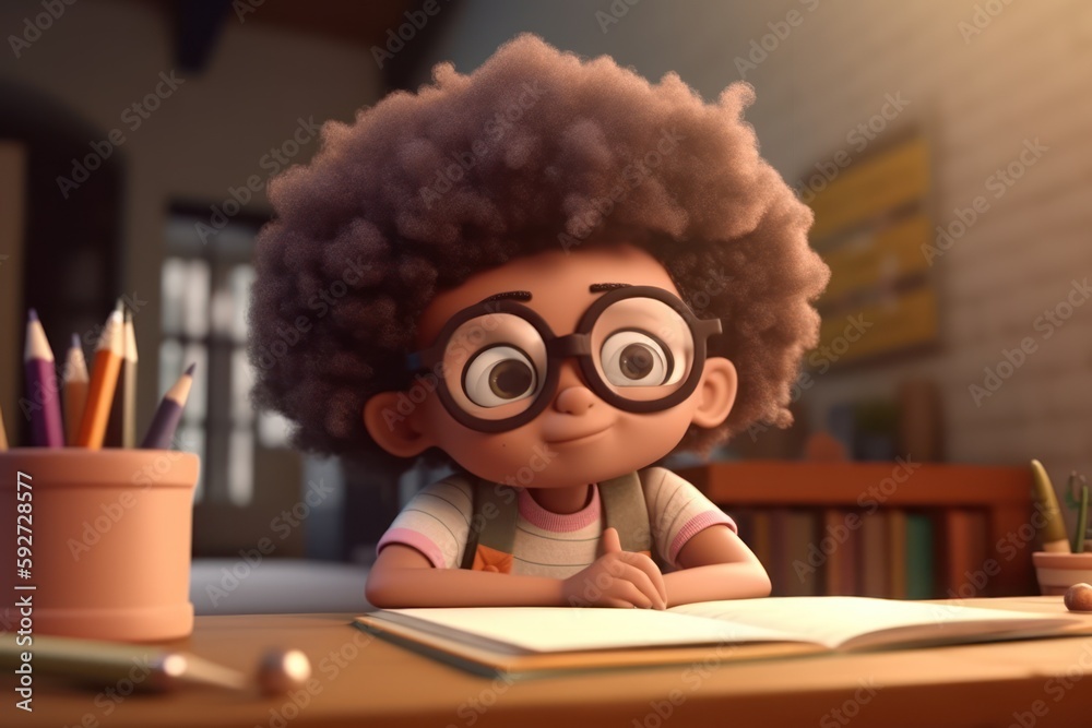 Back to School. Student with afro hair and eyeglasses reading a book in classroom. Generative AI