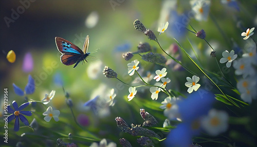 Blue flowers on spring blooming meadow with butterfly. Beautiful Flowers. Ai generated image