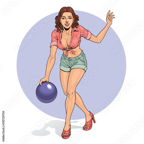 Cute woman throwing bowling ball, isolated on a white background. Hand drawn vector illustration