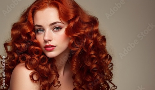 Redhead woman with healthy long and curly hair, generative ai image
