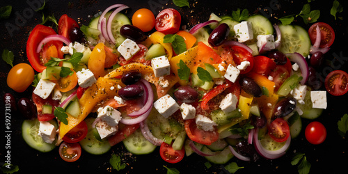 healthy and tasty greek salad on a black plate, created with generative ai