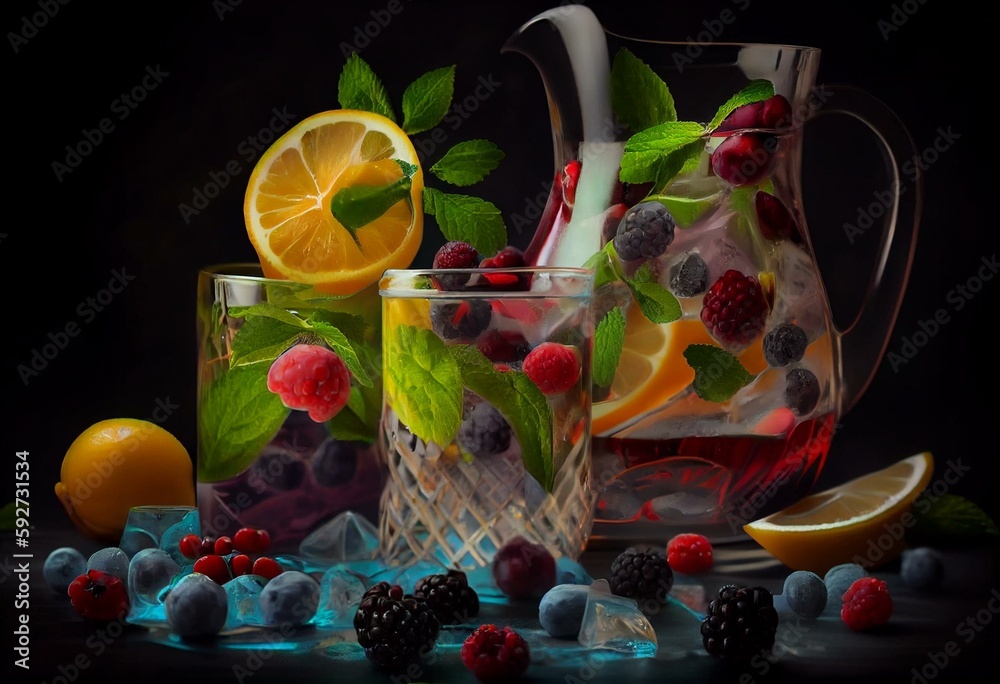 Refreshing drinks with ice cubes with fruits , ice with blackberries and raspberries, gooseberries and currants, with mint, a jug of water and citrus fruits. Generative AI