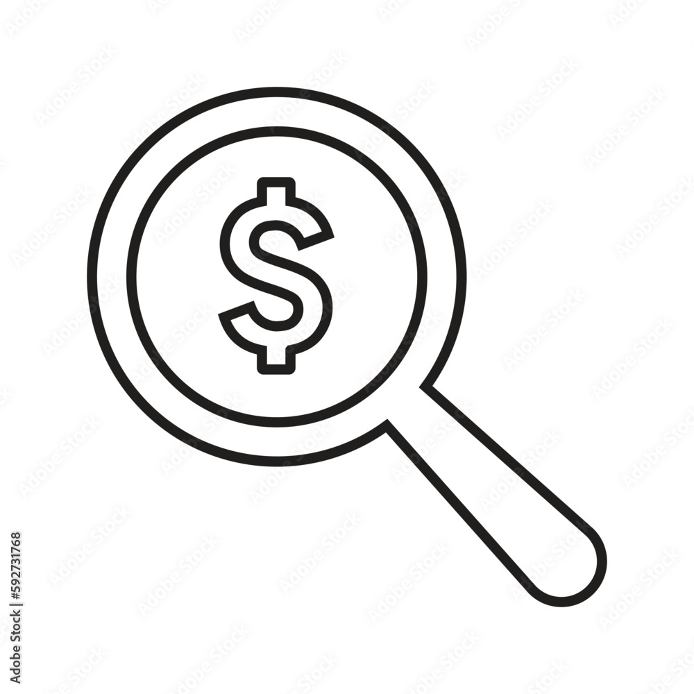 Dollar, search outline icon. Line art vector.