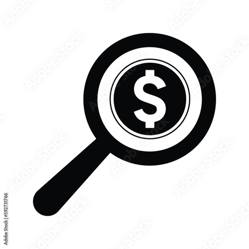 Dollar, search icon. Black vector graphics.