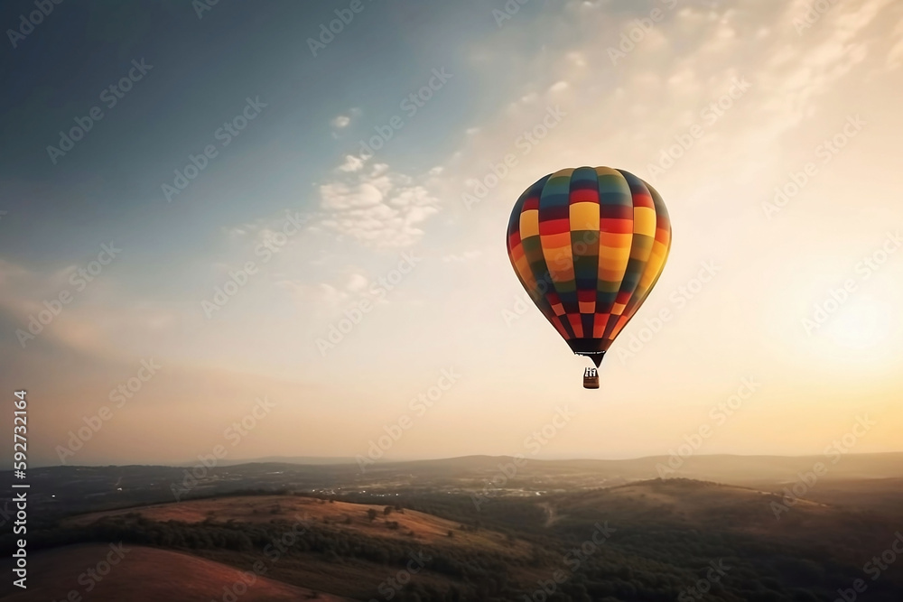 Fototapeta premium Colorful Hot Air Balloons in Blue Sky Horizon. Copy Space Background
