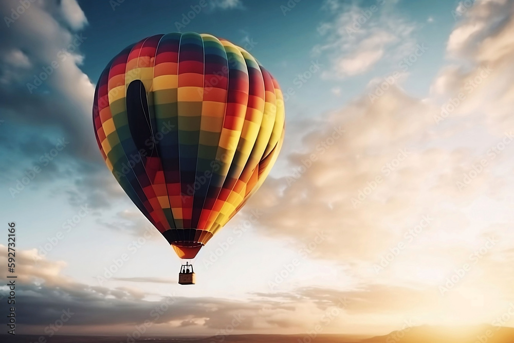 Fototapeta premium Colorful Hot Air Balloons in Blue Sky Horizon. Copy Space Background