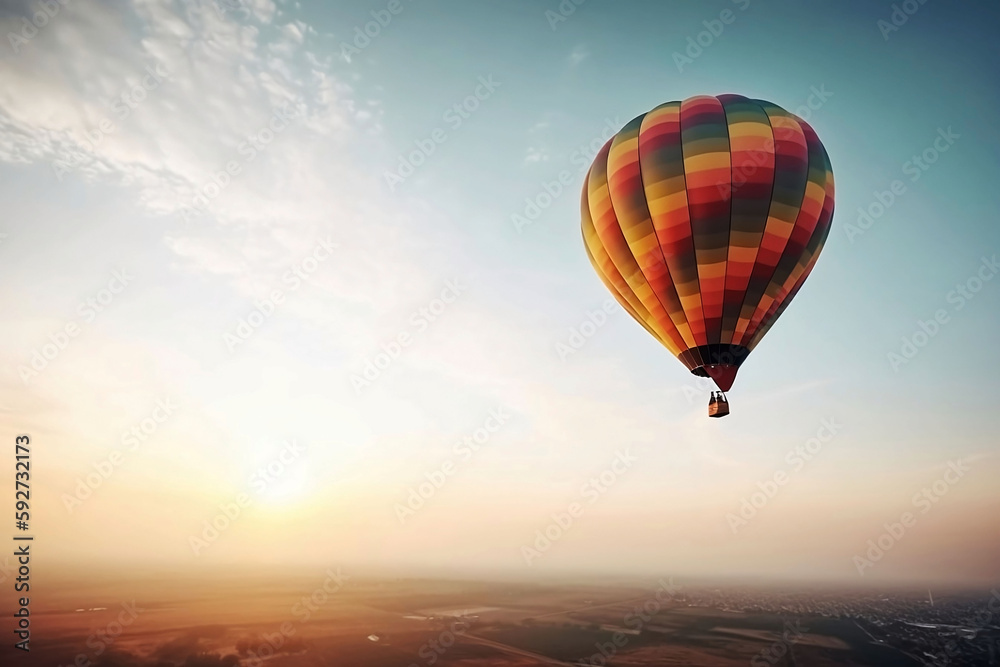 Fototapeta premium Colorful Hot Air Balloons in Blue Sky Horizon. Copy Space Background