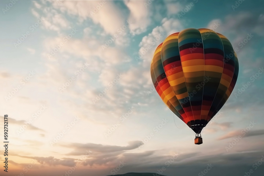 Naklejka premium Colorful Hot Air Balloons in Blue Sky Horizon. Copy Space Background