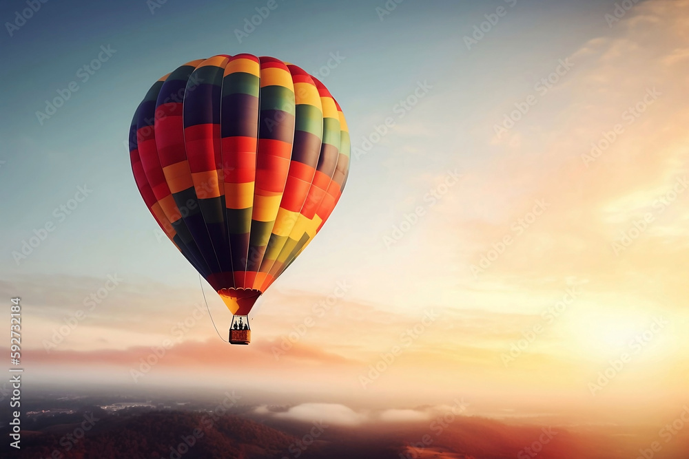Fototapeta premium Colorful Hot Air Balloons in Blue Sky Horizon. Copy Space Background
