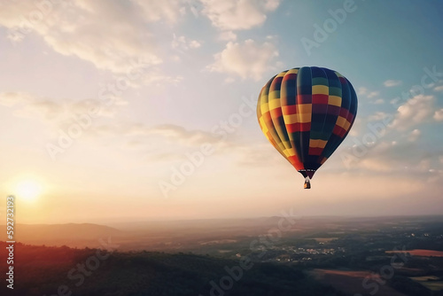 Colorful Hot Air Balloons in Blue Sky Horizon. Copy Space Background