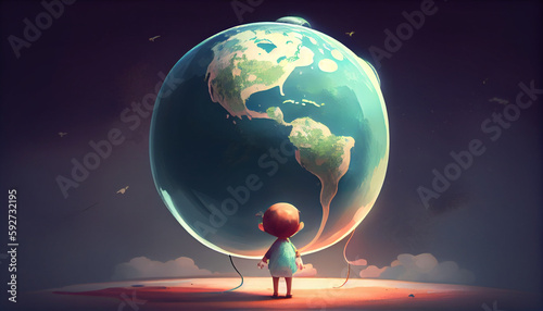 Cute kid with big earth planet balloon. Save the earth. Save environment. Save the baby. Ai generated image