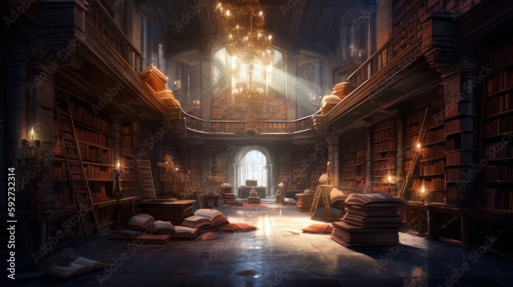 Fantasy concept digital art. An ancient, enchanted library filled with magical tomes and scrolls. Generative ai.
