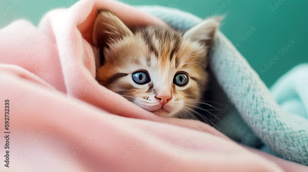 Kitten nestled among soft pastel - colored blankets, leaving ample copy space on the right for a cozy and cute message. Generative ai. Kitten nestled among soft pastel - colored blankets, leaving ample copy space on the right for a cozy and cute message. Generative ai.