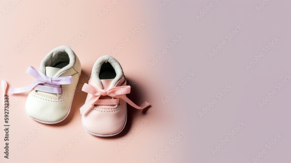 A pair of baby shoes resting on a pastel - colored surface, with a large copy space above for an adorable baby - themed announcement. Generative ai.