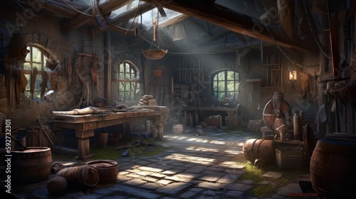 Fantasy concept digital art. A magical blacksmith's workshop with enchanted weapons and armor. Generative ai.