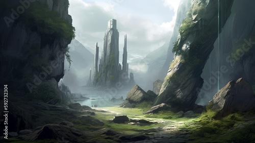 Fantasy concept digital art. A hidden valley protected by colossal  sentient stone guardians. Generative ai.
