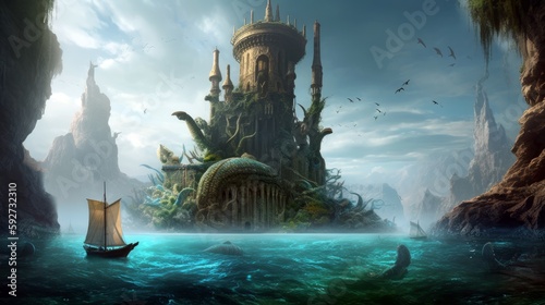 Fantasy concept digital art. A mysterious underwater city guarded by merfolk and sea serpents. Generative ai.