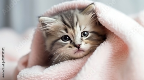Kitten nestled among soft pastel - colored blankets, leaving ample copy space on the right for a cozy and cute message. Generative ai.
